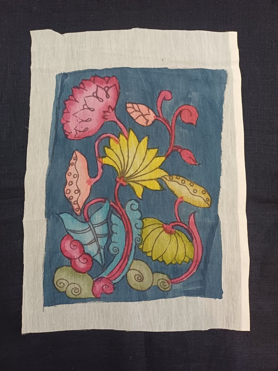 Blue Kalamkari patch with Kamal Alekhan motif and border detail, in 11x9 inch size.