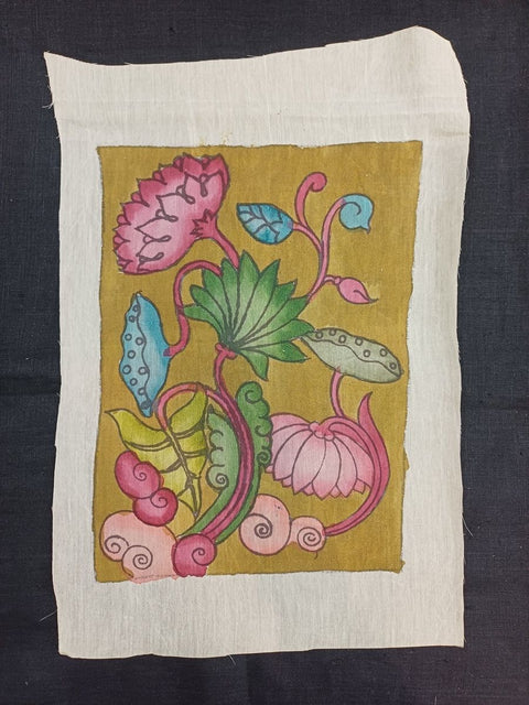 Mustard Kalamkari Bangalore silk patch with Kamal Alekhan floral design and 11x9 inch size
