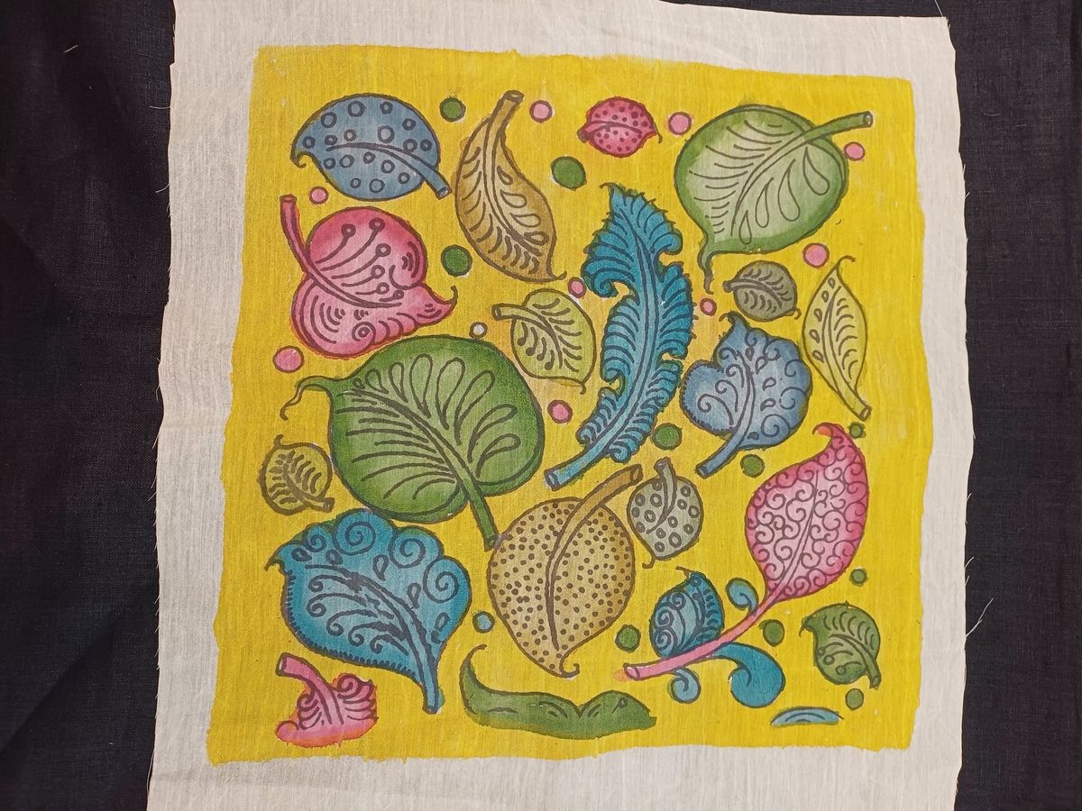 Yellow Kalamkari patch with leaf floral motif, all-over pattern and border detail
