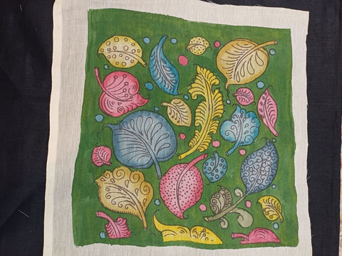 Green Kalamkari Bangalore Silk patch with leaf floral motif and border, 13x13 Inches