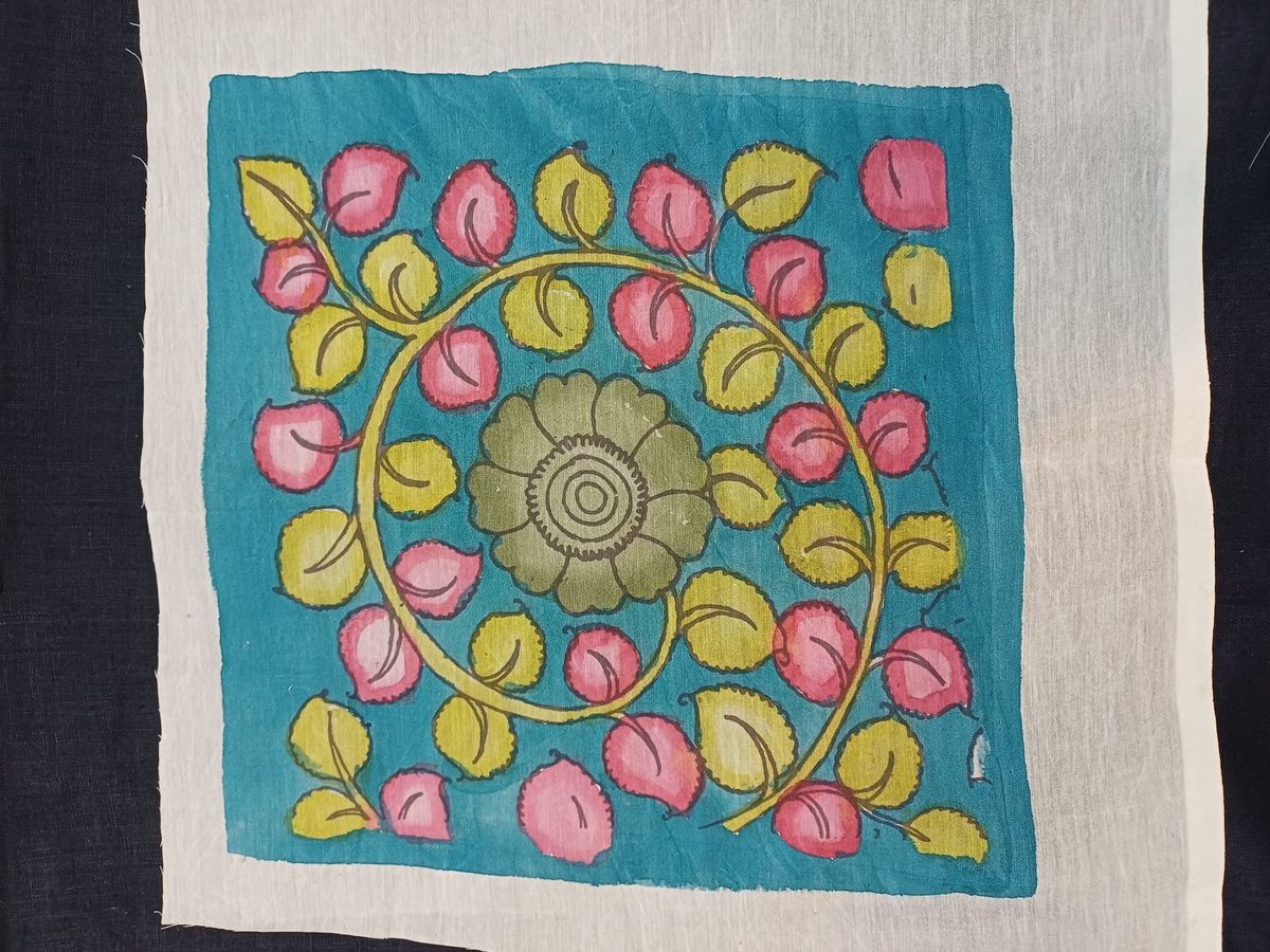 Blue Kalamkari Bangalore Silk patch with floral design and 13x13 Inches size