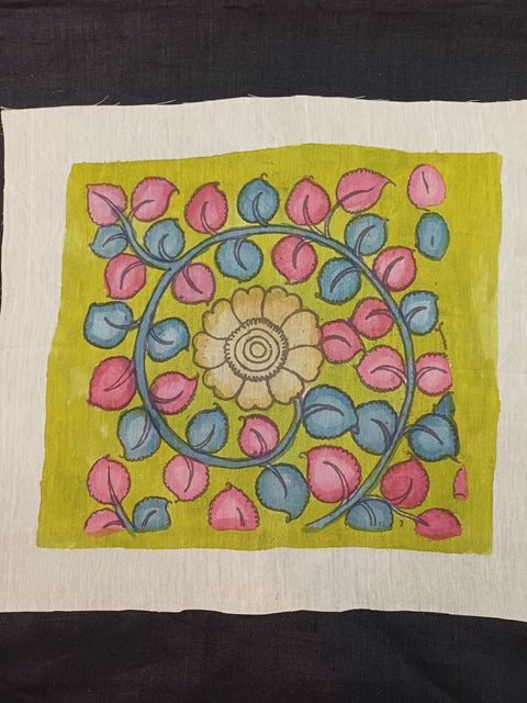 Yellow Kalamkari patch with a floral leaf motif and 13x13 inches size