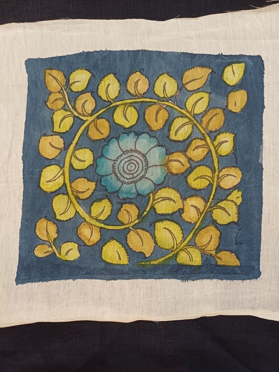 Blue Kalamkari floral patch with leaf motif and border detail