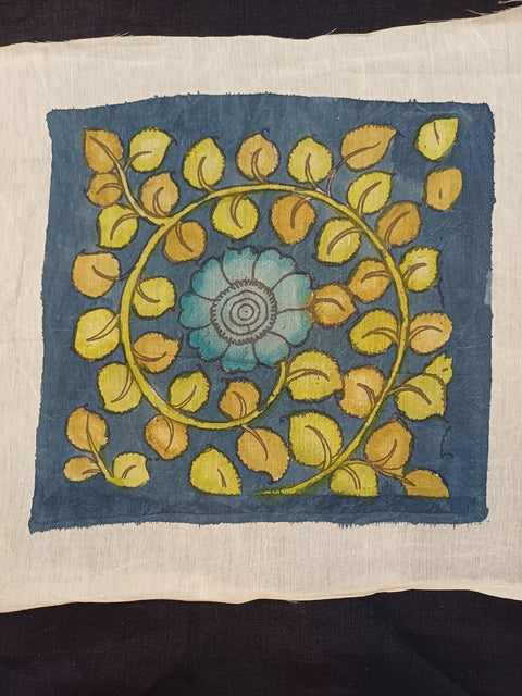 Blue Kalamkari floral patch with leaf motif and border detail