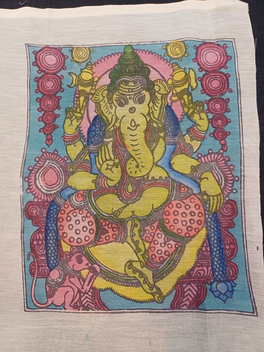Blue Kalamkari Ganesha patch with placement pattern and border detail