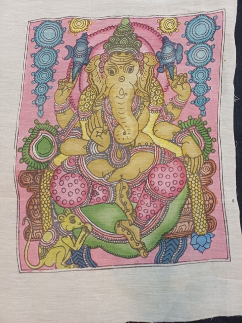 Pink Ganesha Kalamkari silk patch with placement pattern, border detail and Ganesh-04 design