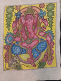 Yellow Kalamkari Bangalore Silk patch with a placement pattern, border, and Ganesha motif, 12x10 inch.