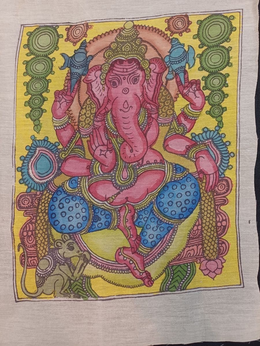 Yellow Kalamkari Bangalore Silk patch with a placement pattern, border, and Ganesha motif, 12x10 inch.