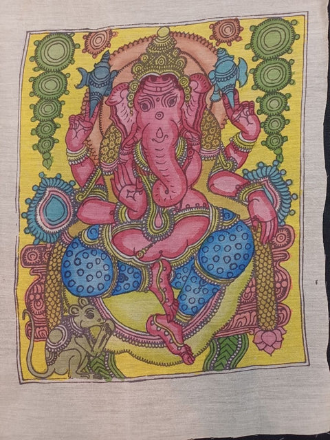 Yellow Kalamkari Bangalore Silk patch with a placement pattern, border, and Ganesha motif, 12x10 inch.