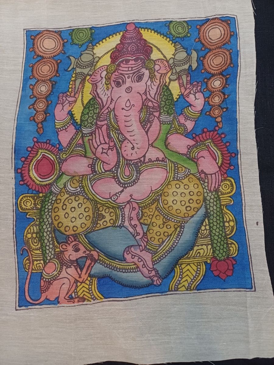 Blue Ganesha Kalamkari silk patch with border detail and placement pattern, in 12x10 inch size