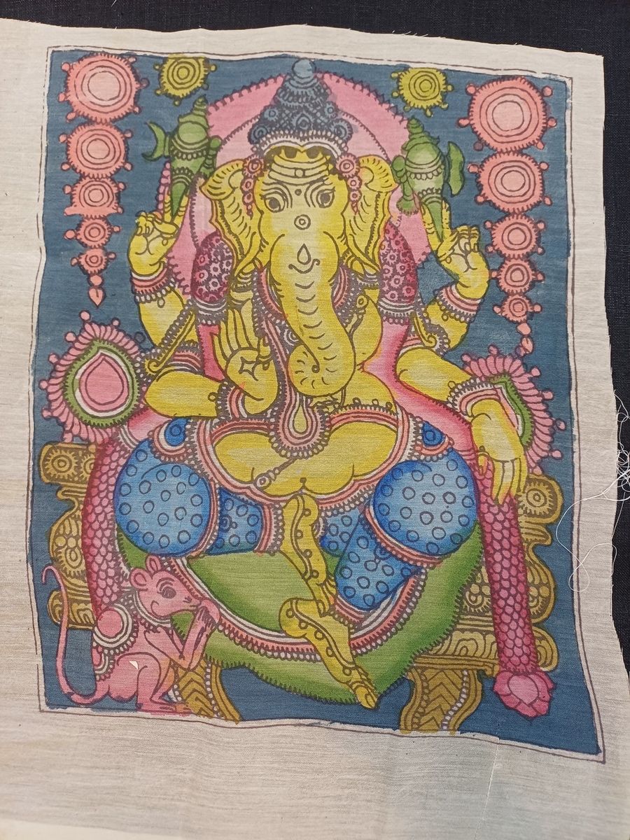Multicolor Ganesha Kalamkari Bangalore silk patch with border and placement pattern, 12x10 inch