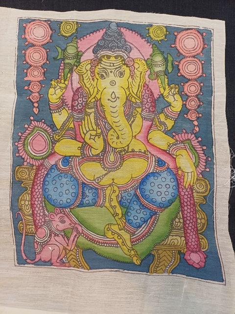 Multicolor Ganesha Kalamkari Bangalore silk patch with border and placement pattern, 12x10 inch