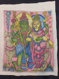 Pink Kalamkari Shiv Parvati patch with a figurative design and border, 12x10 Inches