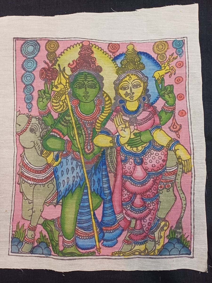 Pink Kalamkari Shiv Parvati patch with a figurative design and border, 12x10 Inches