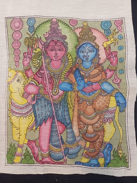Multicolor Kalamkari Bangalore Silk Shiv Parvati patch with a figurative border design and 12x10 Inches size