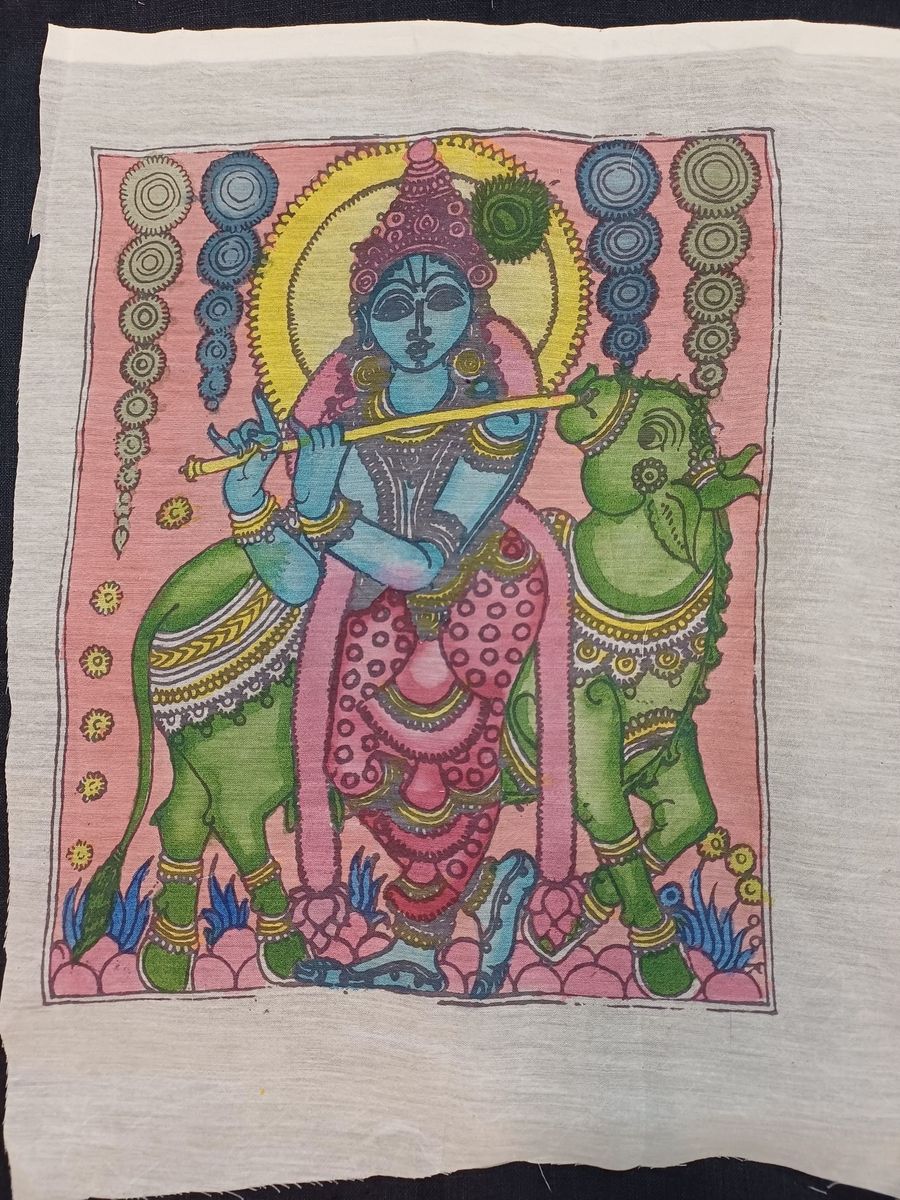 Kalamkari Krishna patch textile artwork with figurative design and border detail in a rectangular format.