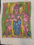 Green Kalamkari patch with Krishna figurative design and border, 12 x 10 inch