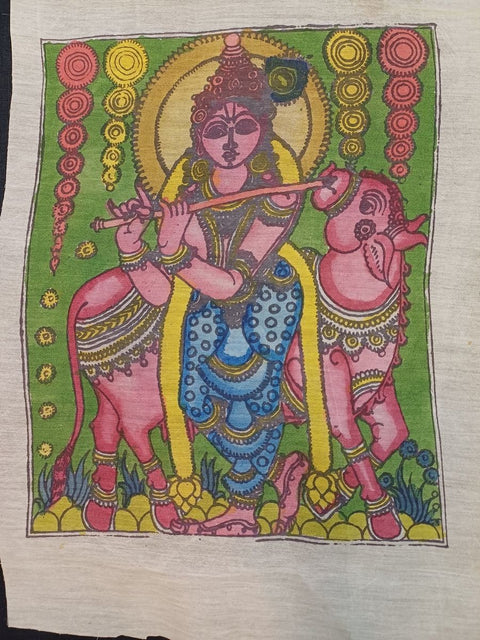Green Kalamkari patch with Krishna figurative design and border, 12 x 10 inch