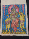 Blue Kalamkari Krishna textile artwork patch with border detail and figurative design, 12 x 10 inch