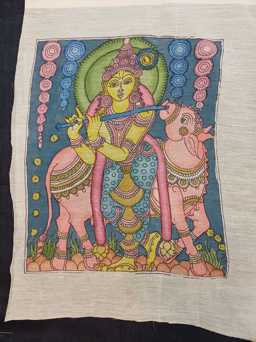 Blue Kalamkari Bangalore Silk Krishna patch with figurative design and border detail
