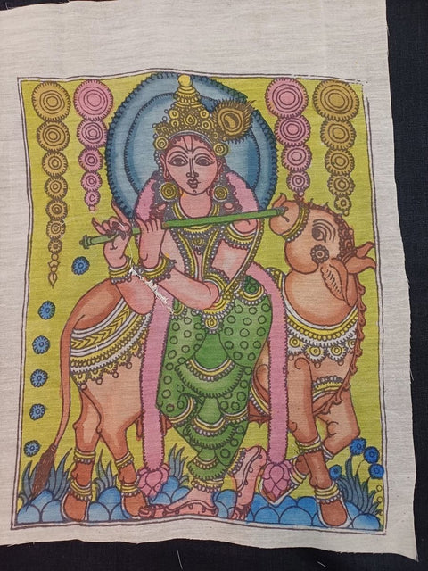 Cream Kalamkari patch with Krishna figurative design and border, rectangular in 12 x 10 inch size