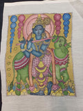 Multicolor Kalamkari silk patch with Krishna God figure and figurative design, bordered finish, 12 inch x 10 inch