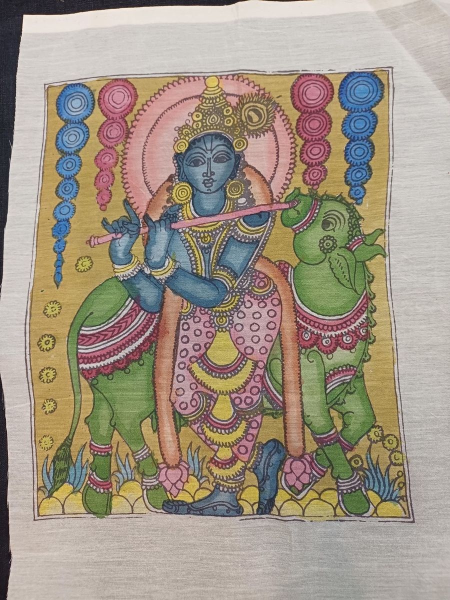 Multicolor Kalamkari silk patch with Krishna God figure and figurative design, bordered finish, 12 inch x 10 inch