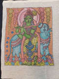 Kalamkari silk patch with Krishna figurative design and border detail, in 12 inch by 10 inch size.