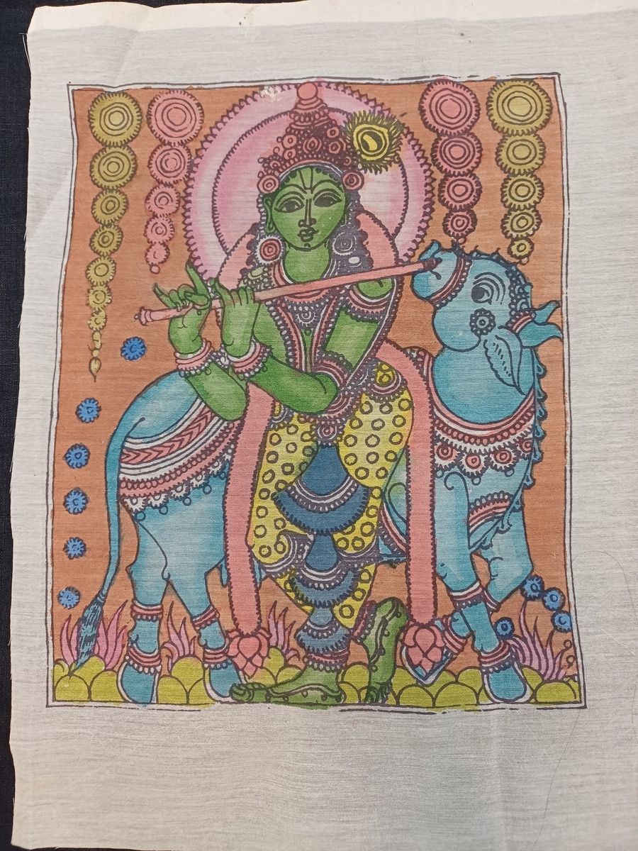 Kalamkari silk patch with Krishna figurative design and border detail, in 12 inch by 10 inch size.