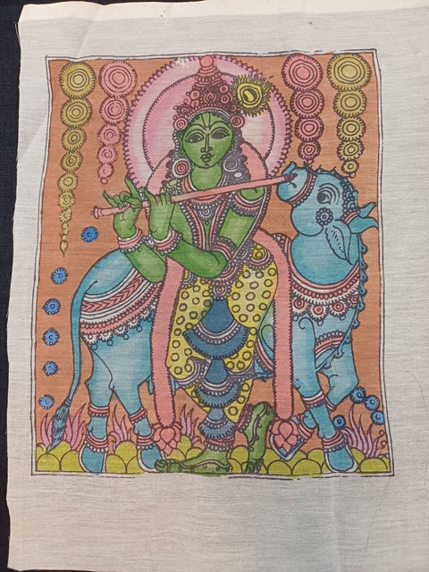 Kalamkari silk patch with Krishna figurative design and border detail, in 12 inch by 10 inch size.