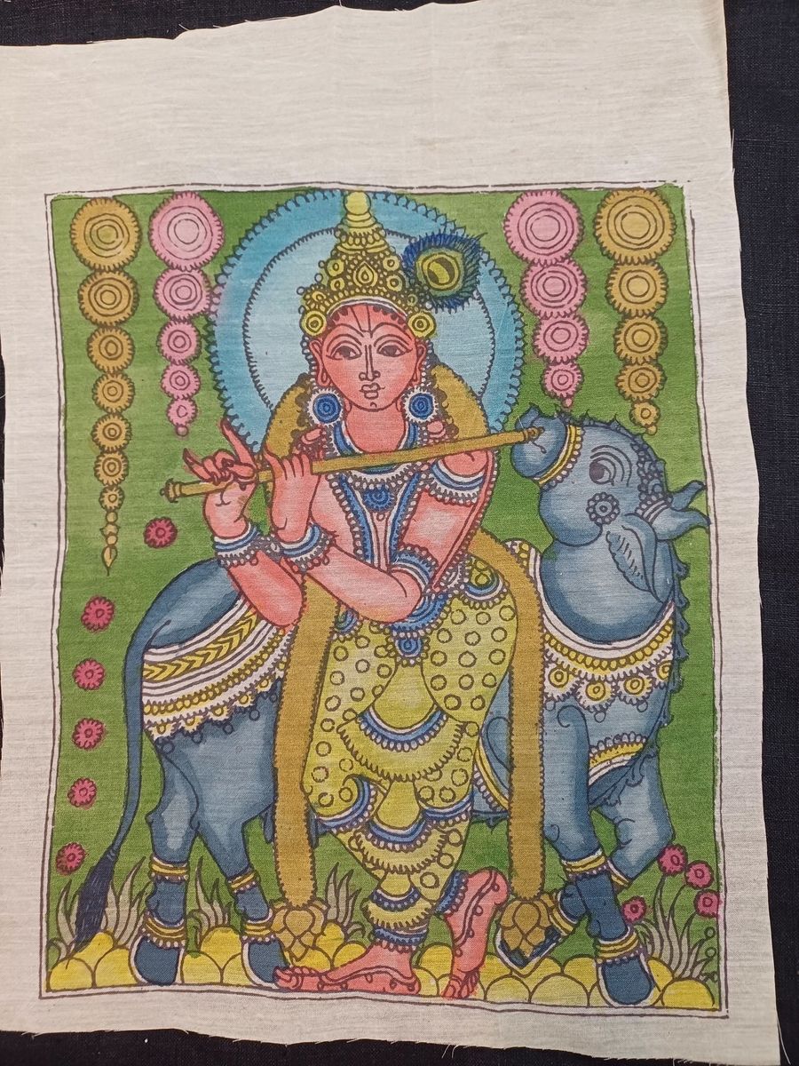 Cream Kalamkari Krishna patch with figurative design and border, 12 x 10 inch