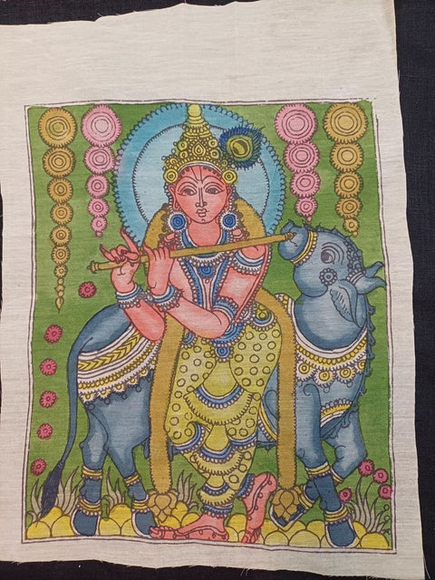 Cream Kalamkari Krishna patch with figurative design and border, 12 x 10 inch
