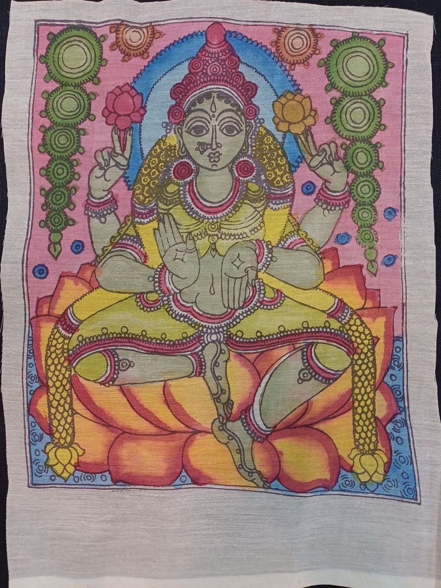 Kalamkari Bangalore Silk patch with Lakshmi God figure and border detail, 12x10 inches