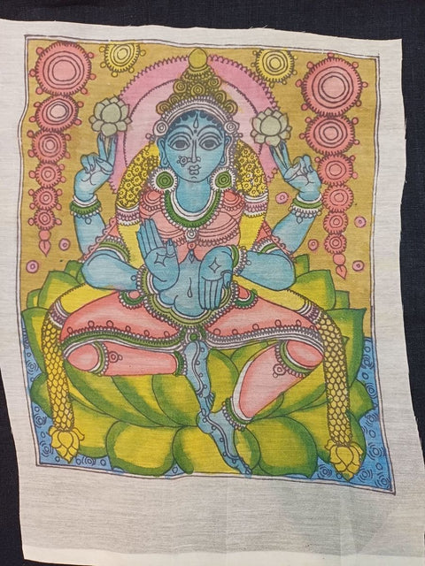 Multicolor Kalamkari Bangalore Silk patch with Lakshmi figure and border, 12x10 Inches