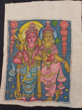 Multicolor Kalamkari patch with Ram Sita figurative design and border, sized 12 x 10 inch.