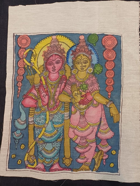 Multicolor Kalamkari patch with Ram Sita figurative design and border, sized 12 x 10 inch.