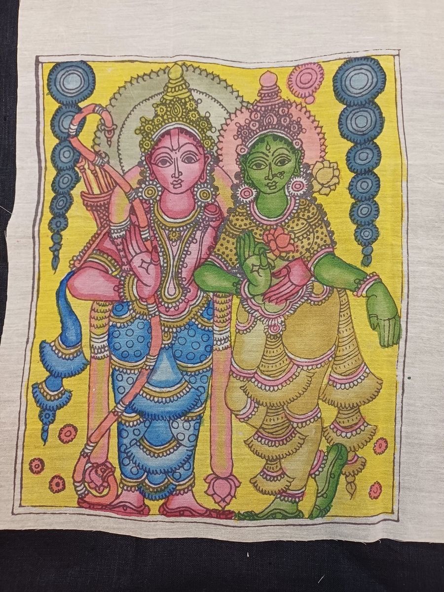 Yellow Kalamkari Ram Sita patch with figurative design and border, 12 Inch by 10 Inch