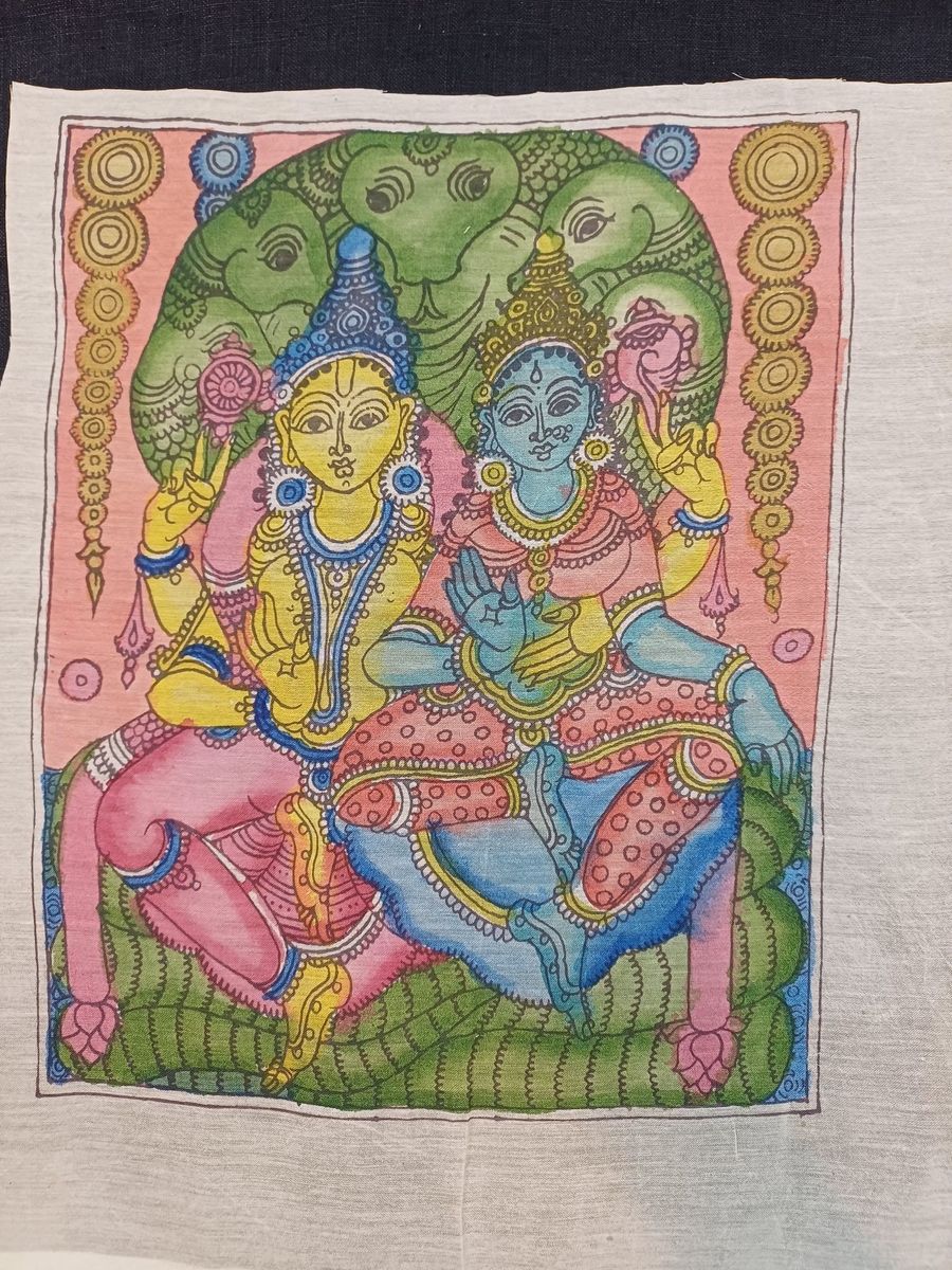 Multicolor Kalamkari Bangalore Silk patch with Vishnu figure and figurative design, bordered and rectangular.