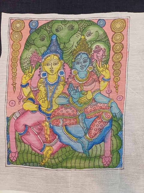 Multicolor Kalamkari Bangalore Silk patch with Vishnu figure and figurative design, bordered and rectangular.