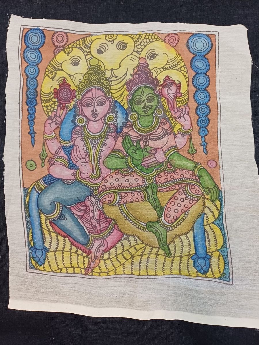 Multicolor Kalamkari patch with Vishnu figure, figurative design and border detail