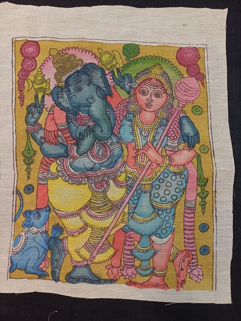 Multicolor Kalamkari Ganesha patch with figurative design and border, 12x10 inches