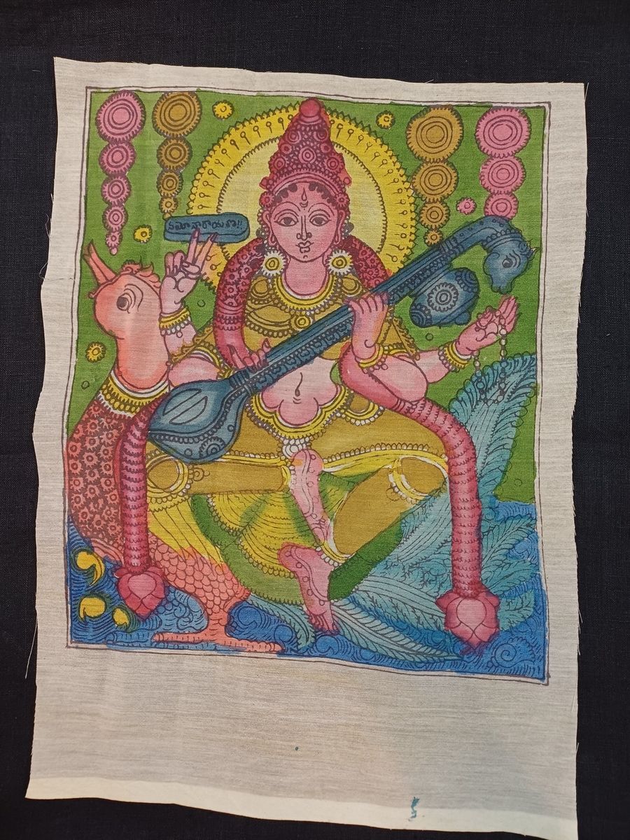 Multicolor Kalamkari Bangalore Silk Saraswati patch with a figurative design and border