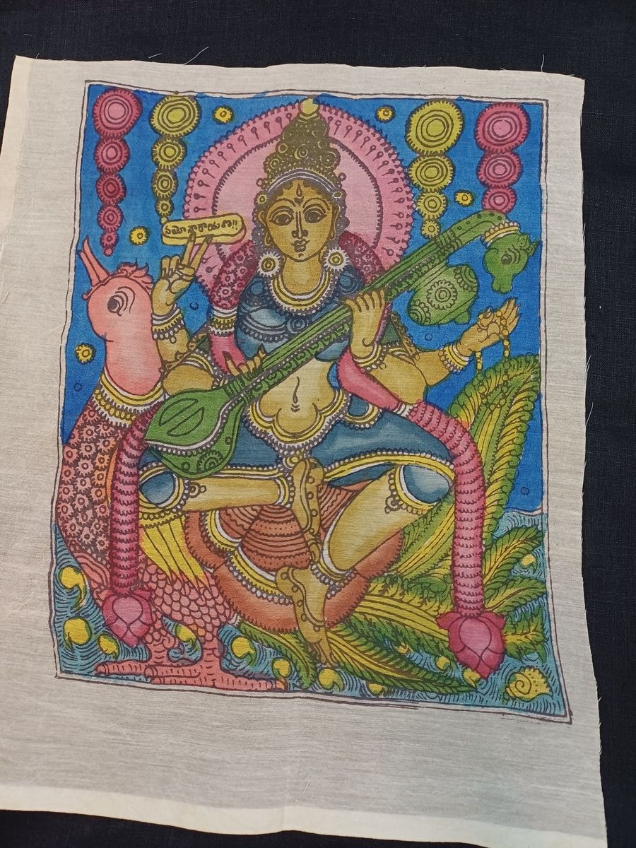 Multicolor Kalamkari Bangalore Silk Saraswati patch with figurative design and border
