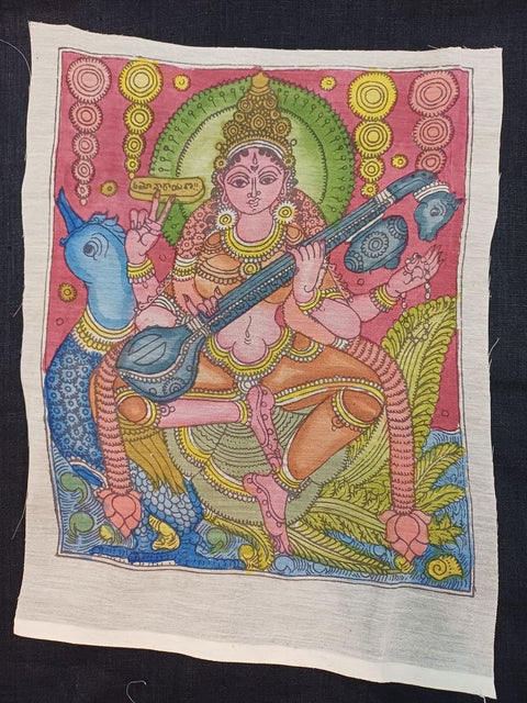 Pink Kalamkari Saraswati patch with a figurative design and border