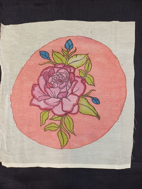 Pink Kalamkari round patch with a round rose design and fringe