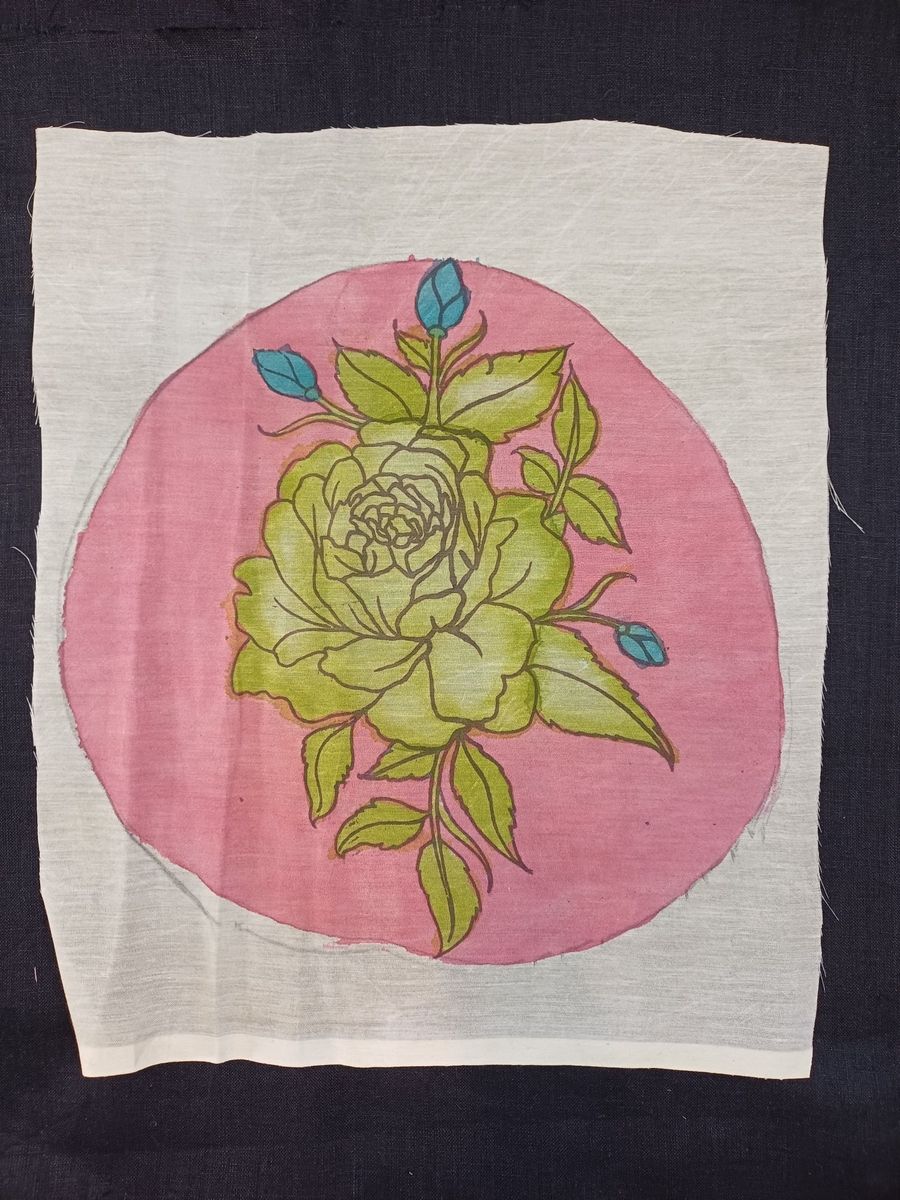 Pink Kalamkari silk round patch with rose design and 11 inch diameter