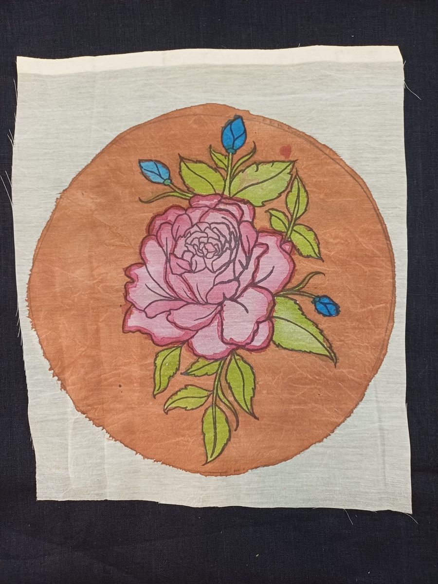 Kalamkari round patch in orange rose floral design with 11 inch diameter