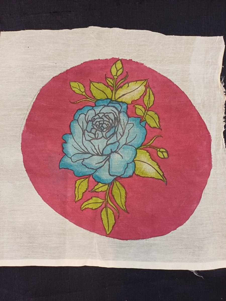 Pink round Kalamkari patch with rose design and 11 inch diameter