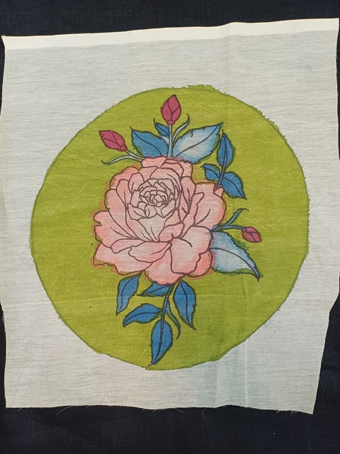 Green Kalamkari round patch with rose design and 11 inch diameter
