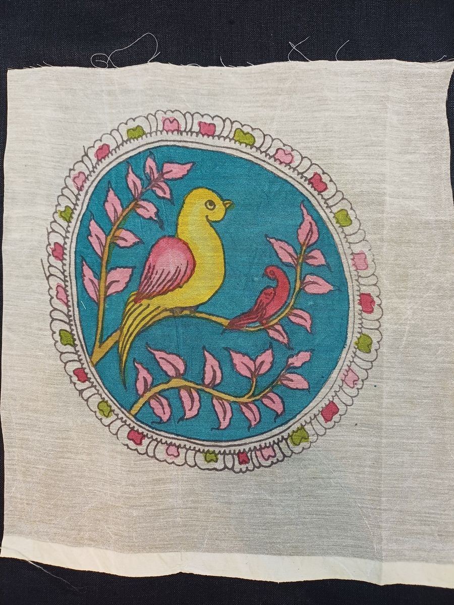Blue round Kalamkari silk patch with bird design and border detail